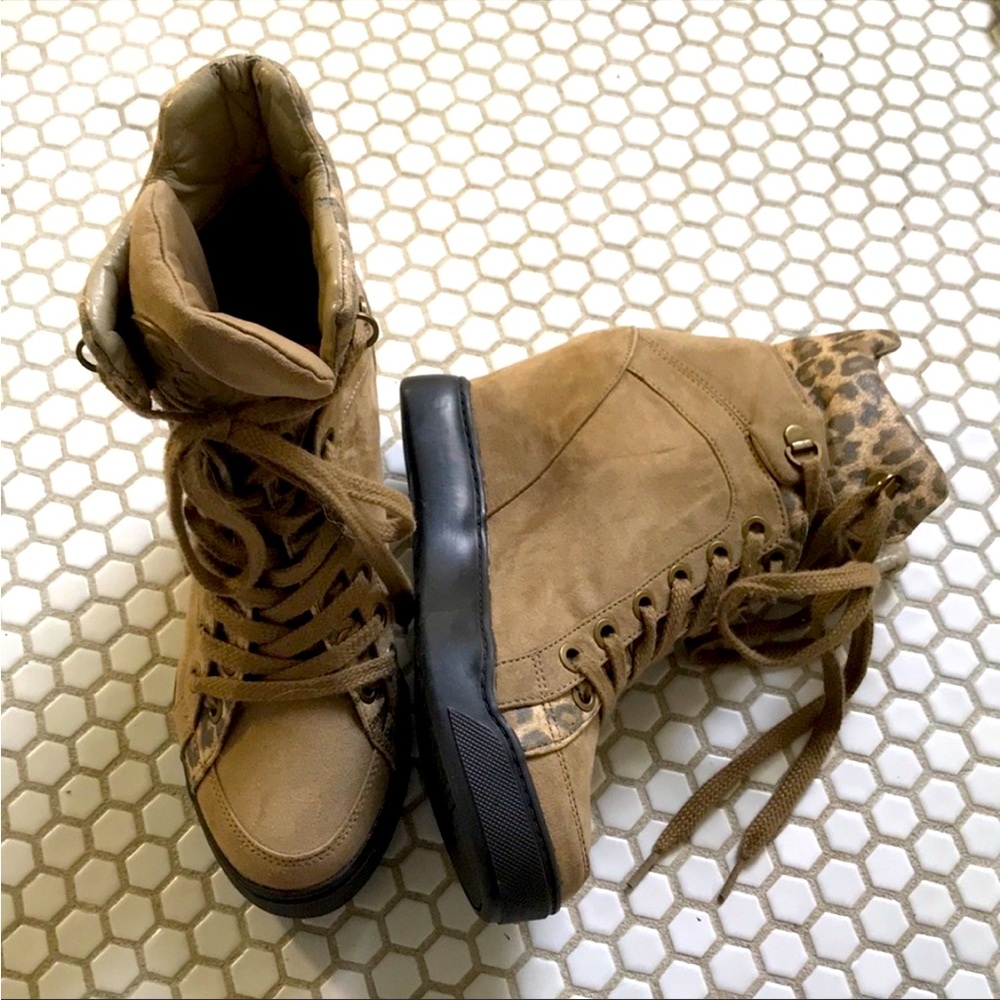 Guess Leopard and Tan Suede high wedge sneakers sz 8.5 like new!